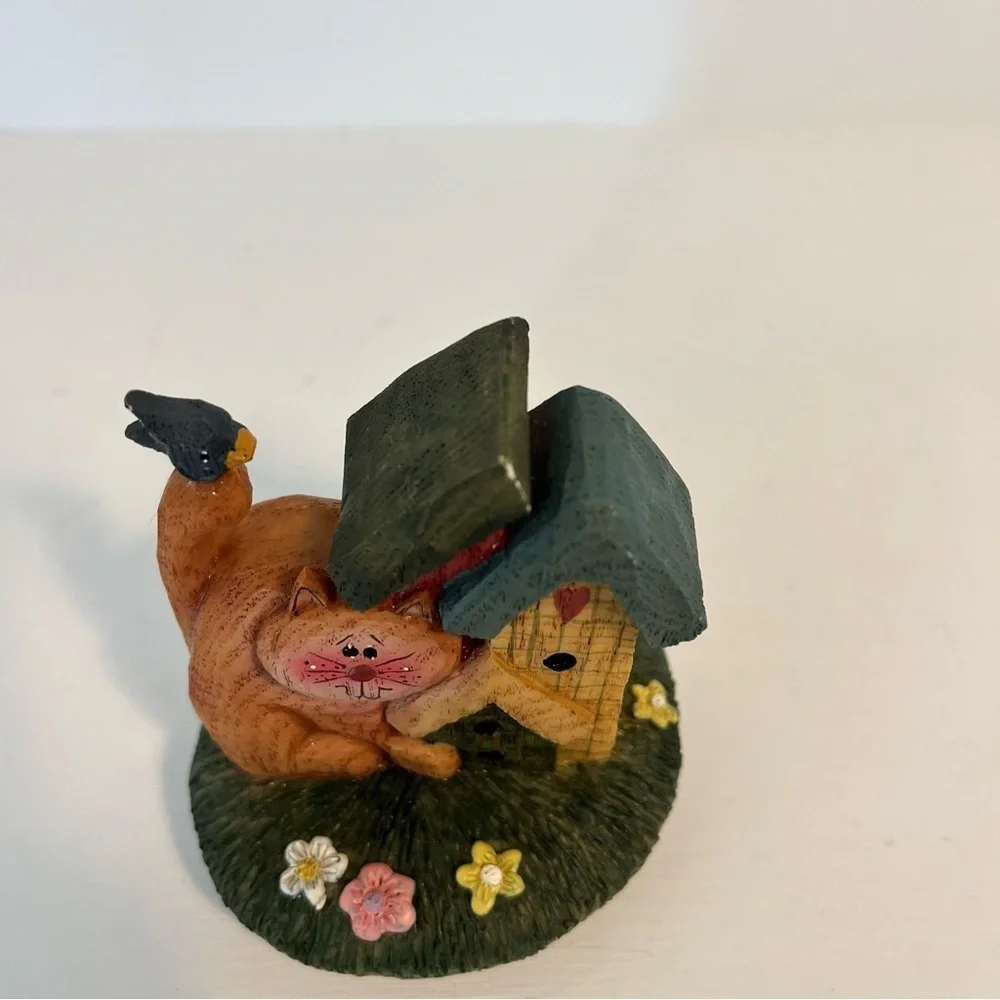 Vintage Orange Cat and Birdhouse Scene Candle Topper